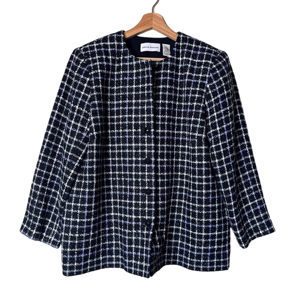 Vintage Alfred Dunner Scoop Neck Sparkle Black and White Plaid Tweed Blazer